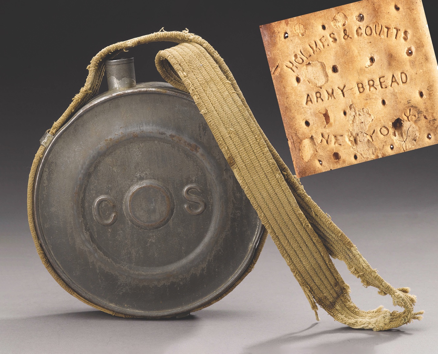 Some Confederate troops headed home with dinged canteens and haversacks filled with Union rations like the piece of hardtack above. Others were not so lucky, and growling stomachs could cause “foraging” from locals or even riots at food warehouses. (Heritage Auctions, Dallas (2))