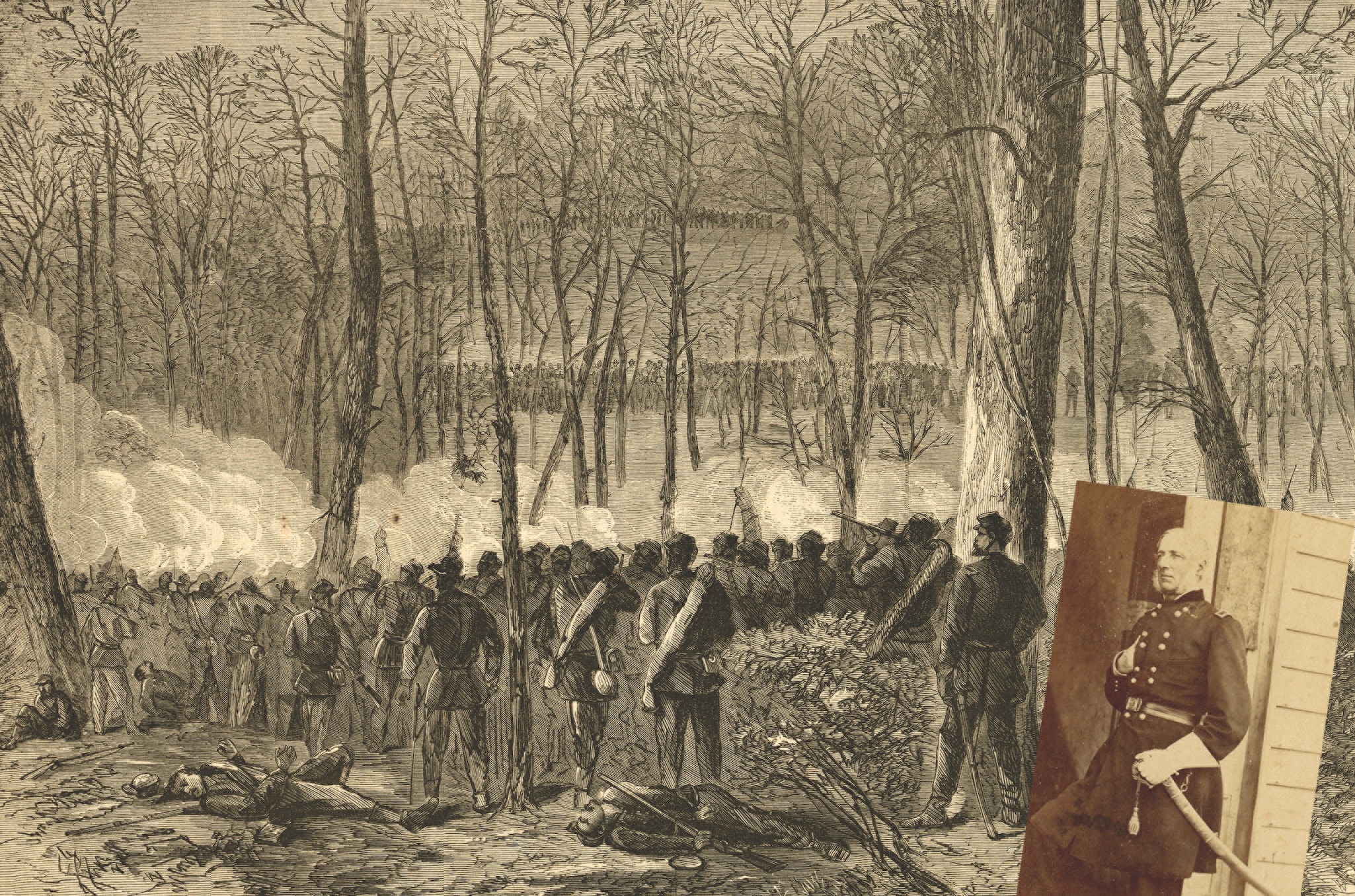 Union Maj. Gen. James Wadsworth (above) was mortally wounded during the Wilderness fighting on May 6, 1864 (top), dying on May 8. Among items taken from the general were a lock of his hair and a gold watch, both later returned to Wadsworth’s widow. (Artokoloro/Alamy Stock Photo; Dana B. Shoaf Collection)