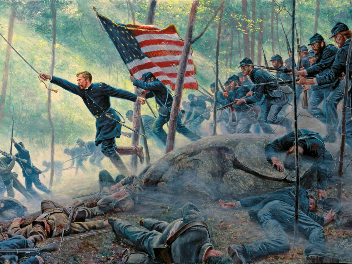 Joshua Chamberlain leads a bayonet charge at Little Round Top