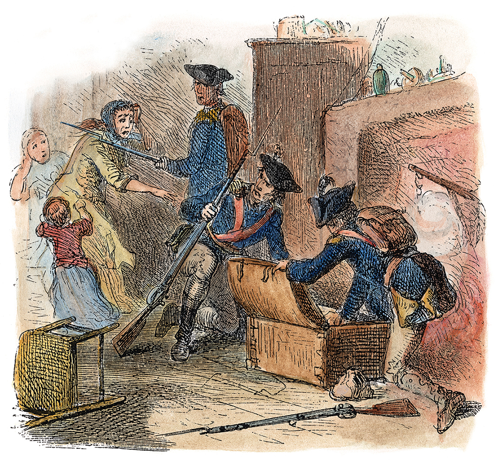 LOYALIST HOME, 18th C.  Continental soldiers plunder a Loyalist home during the American Revolution. Wood engraving, American, 19th century.
