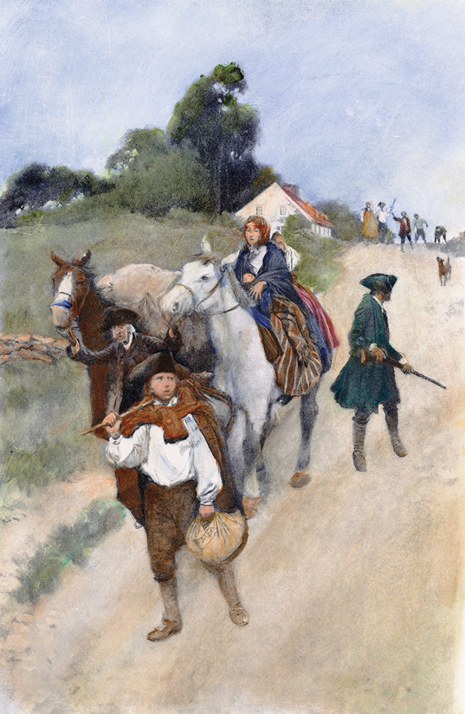 LOYALISTS TO CANADA.  American loyalists on their way to Canada following the end of the American Revolution, c1784. Illustration by Howard Pyle, 1901.