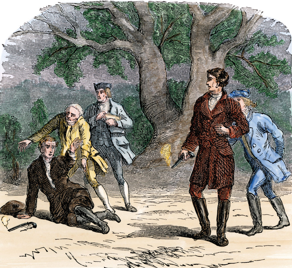 Young Andrew Jackson winning a pistol duel. Hand-colored woodcut.