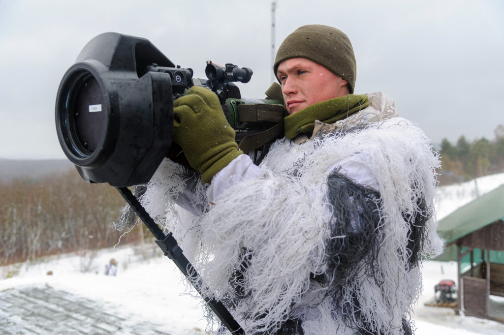 Ukrainian soldier practices on an NLAW