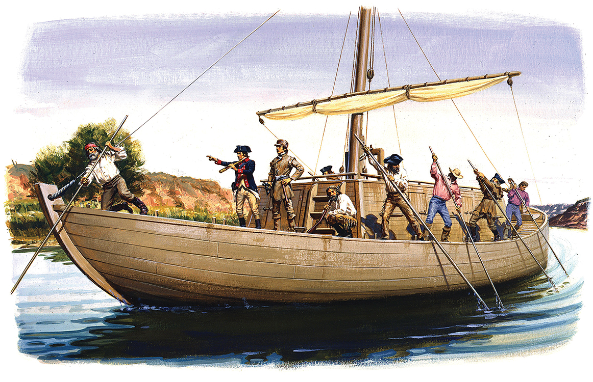 MAY 1804: A painting depicting explorers Meriwether Lewis and William Clark on their Keelboat known as 'The Boat' using poles to navigate the Missoiuri River in May 1804. (Illustration by Ed Vebell/Getty Images)