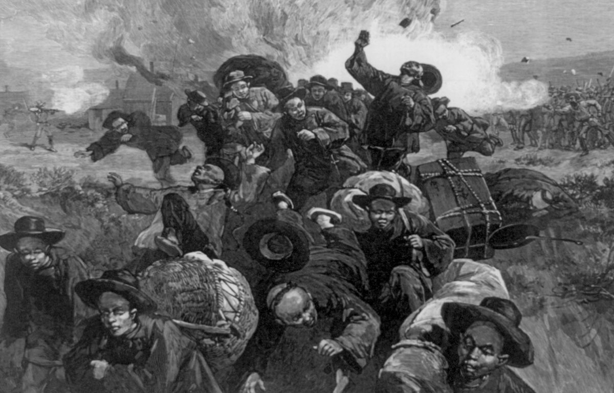 A drawing from photographs depicts the Rock Springs massacre of the Chinese in 1885
