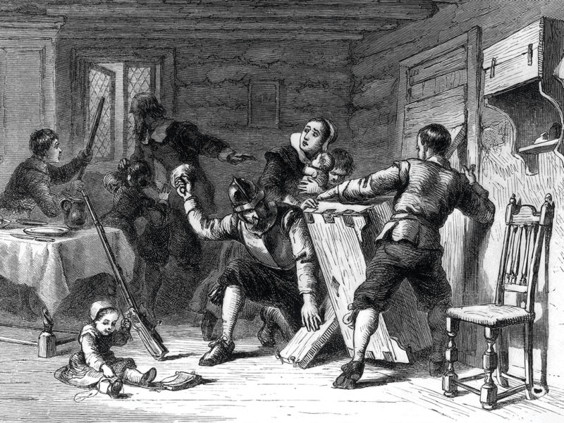 Alerted to the Feb. 29, 1704, raid by shots and war whoops, residents of Deerfield prepare to hold out against some 250 French and Indian warriors.