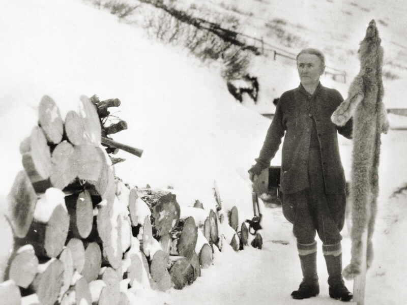Fannie Quigley holding a wolf hide in the snow