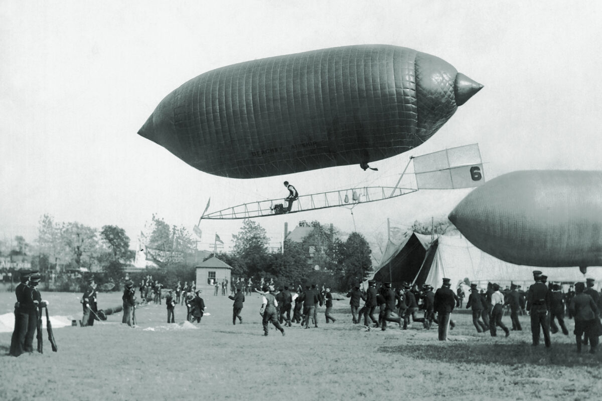 Photo of Lincoln Beachey piloting his Beachey Airship, mid to late 1900s.