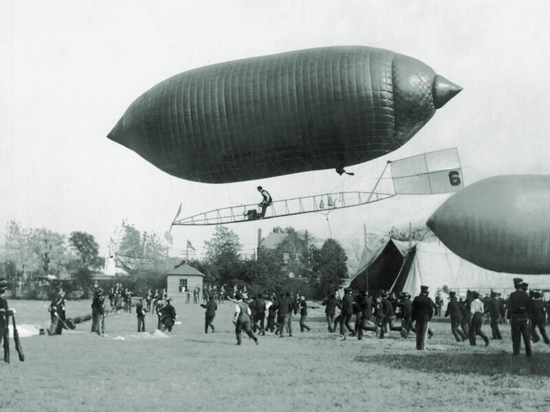 Photo of Lincoln Beachey piloting his Beachey Airship, mid to late 1900s.