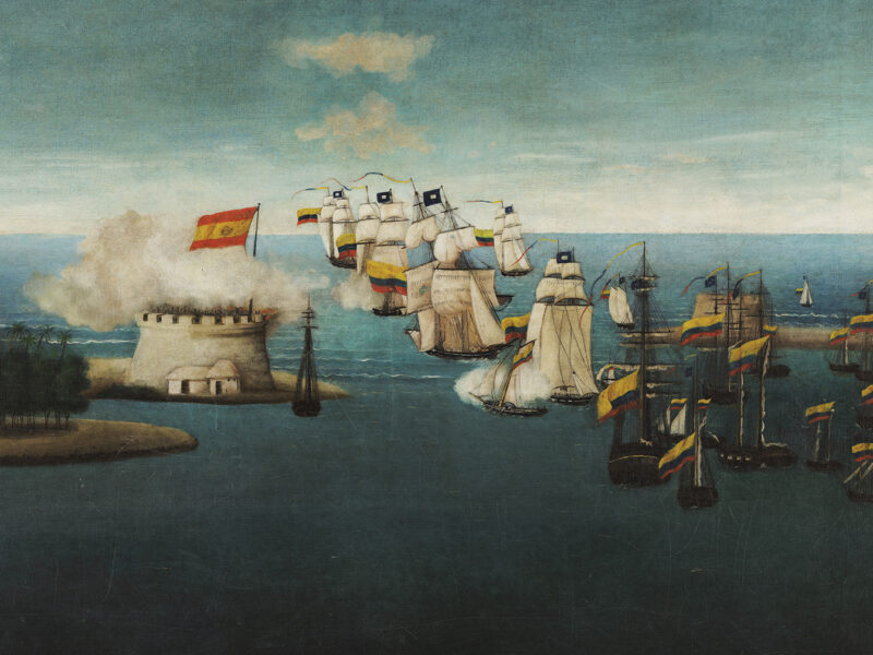 Painting of the Battle of Lake Maracaibo Colombian Navy Bombarding Castle, 1823.