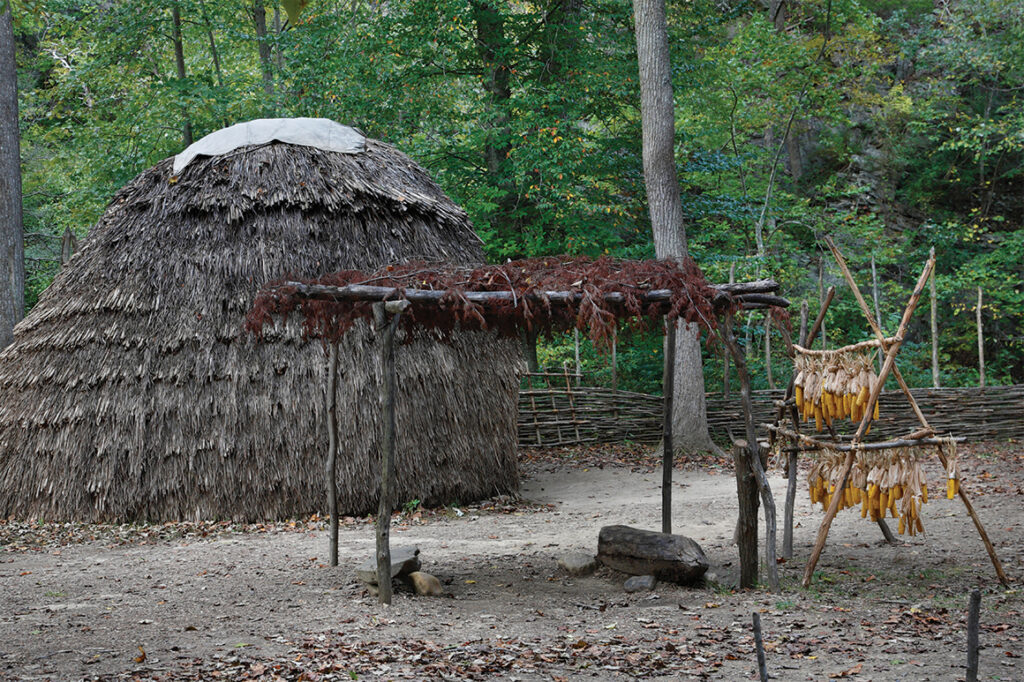 Photo of a rebuilt Native American Monacan Indian village in Natural Bridge, Virginia.