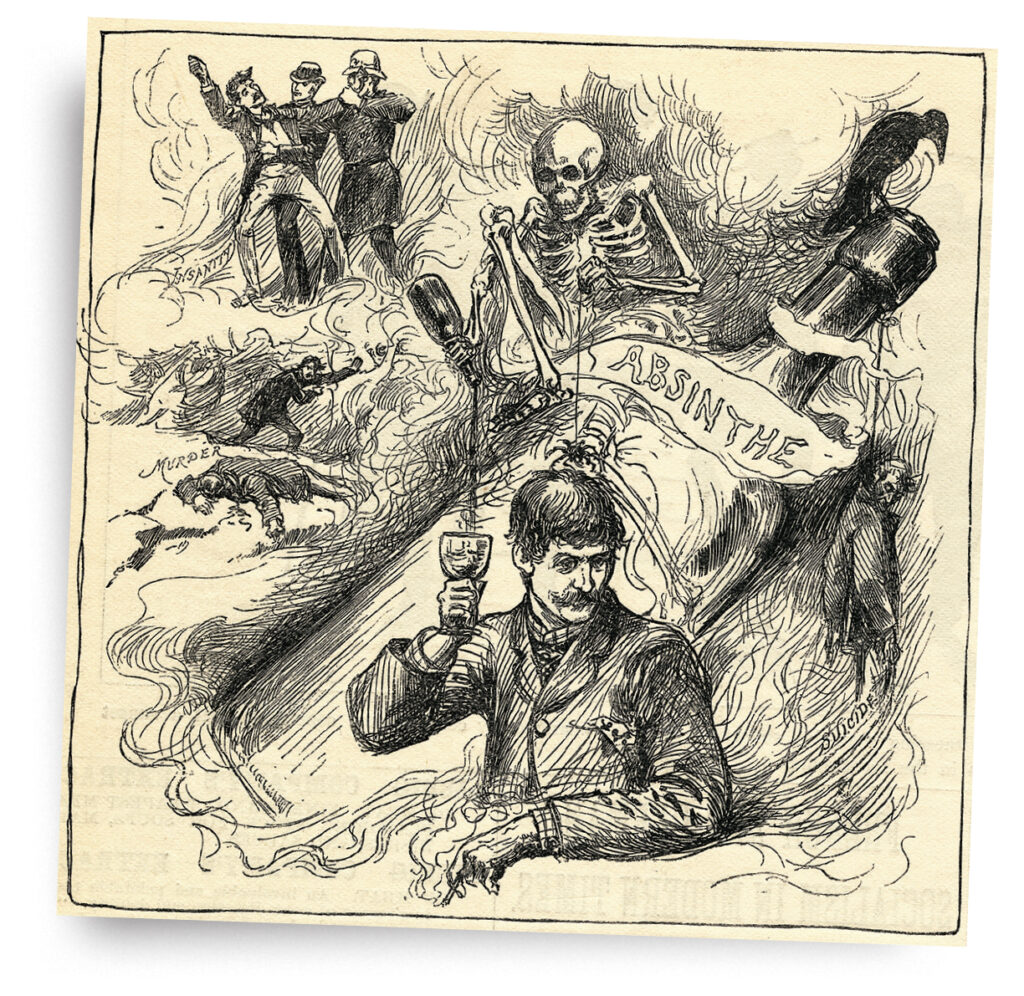 This cartoon indicates murder, madness, and a police record dwell in every drink of absinthe one takes.