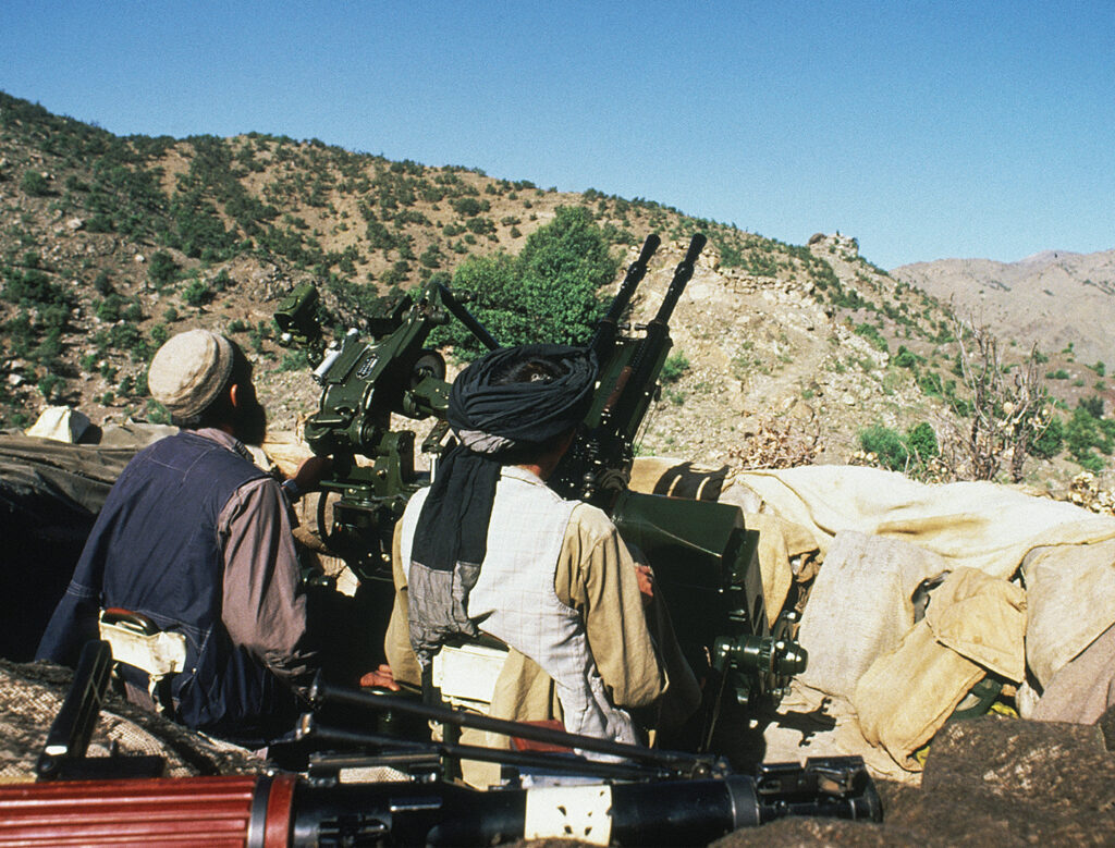Photo of a Soviet-built ZPU-1 and ZPU-2 (twin) 14.5 mm anti-aircraft guns. The Mujahideen downed two-thirds of DRA-Soviet transport helicopters during the second battle.