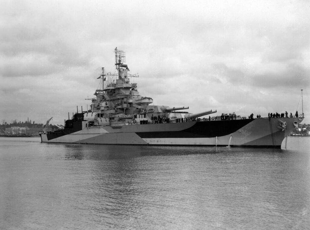 The U.S. Navy battleship USS West Virginia (BB-48) off the Puget Sound Naval Shipyard, Washington, July 2, 1944, following reconstruction (Naval History and Heritage Command).