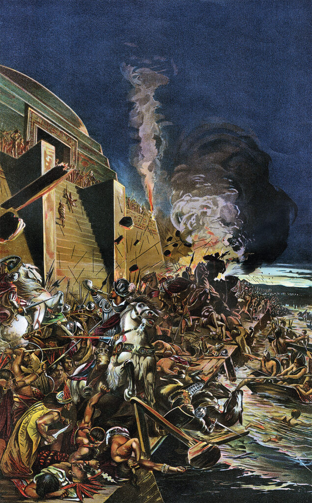 A painting of Conquete Mexico by the Spaniards: La Noche Trier (in Spanish “sad night”) on 30 June 1520. Aztec warriors slaughter Hernan Cortes troops forced to flee from Tenochtitlan (present-day Mexico).