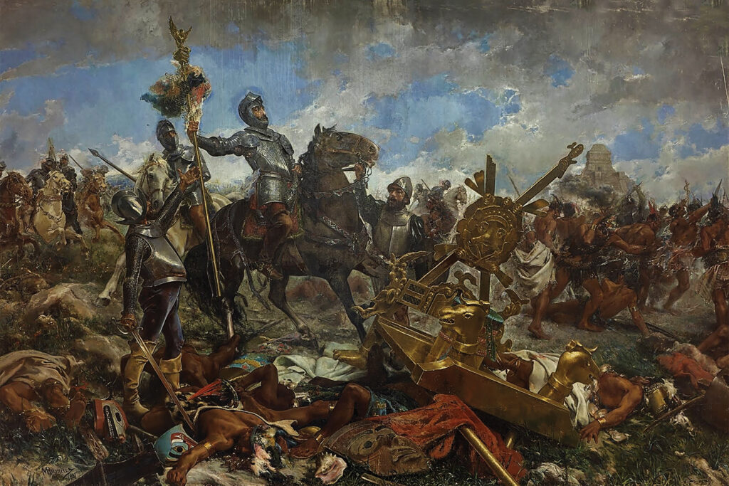 Painting of, Despite the Spaniards’ advantages in arms and armor, Cortés small landing force was no match for superior Aztec forces. The key to victory was support from Indian allies.