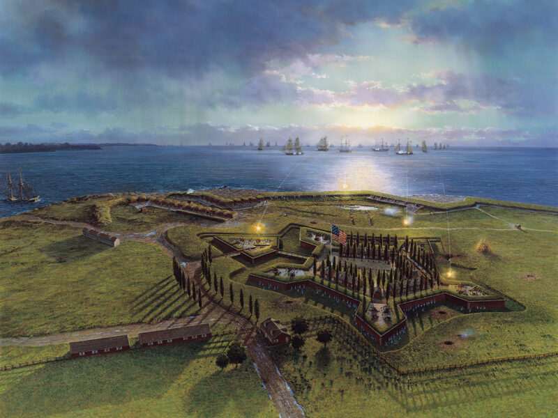 Painting of Aerial view of Fort McHenry, c1814: Artist's conception of the dawn bombardment of Fort McHenry on September 13, 1814 by the British Navy under the command of Vice Admiral Alexander Cochrane.