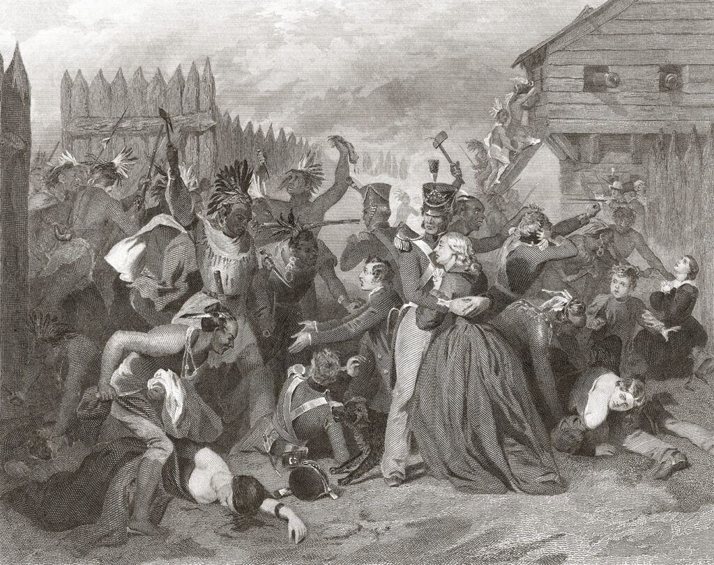 1800s AUGUST 1813 CREEK INDIAN CIVIL WAR THE MASSACRE AT FORT MIMS ALABAMA USA