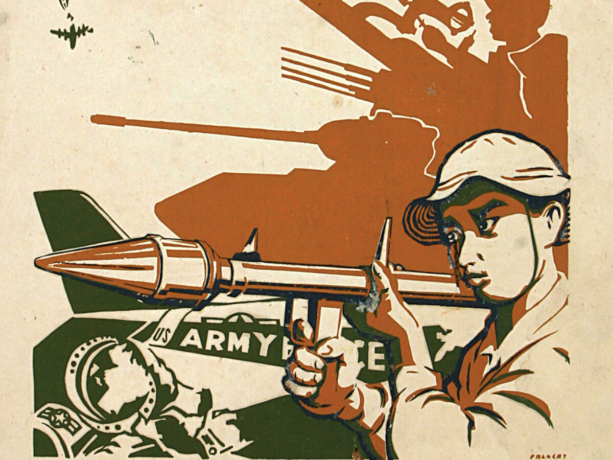 A North Vietnamese poster from 1968 shows VC fighters “determined to beat the American enemy.” A shot-down U.S. pilot lies in the foreground while an American jet crashes in the distance.