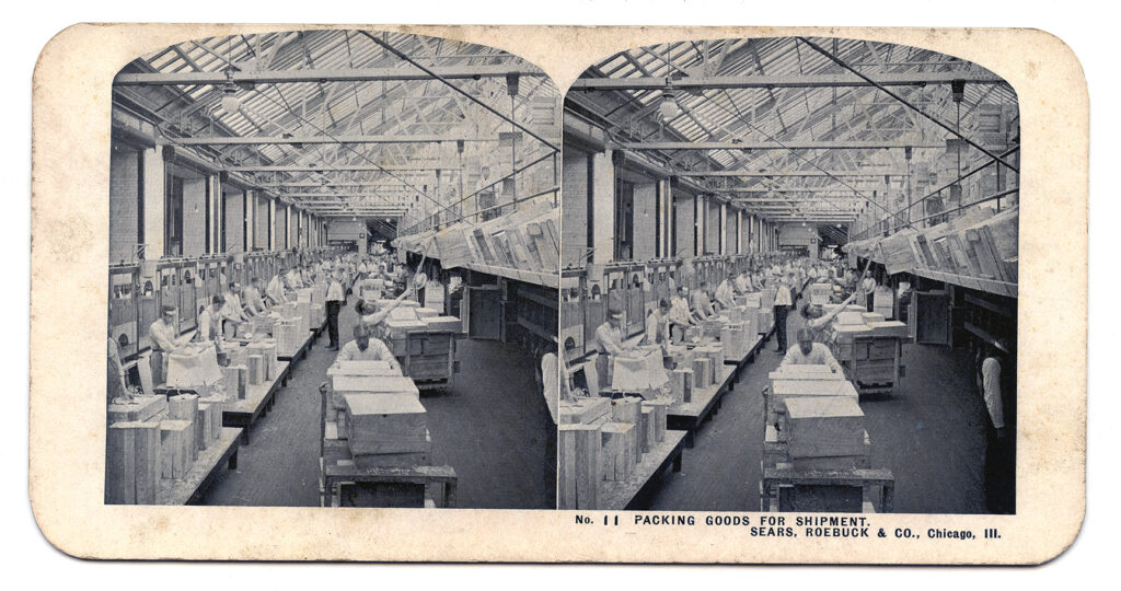 Stereographic view of the Sears, Roebuck & Co. packing and shipping room.