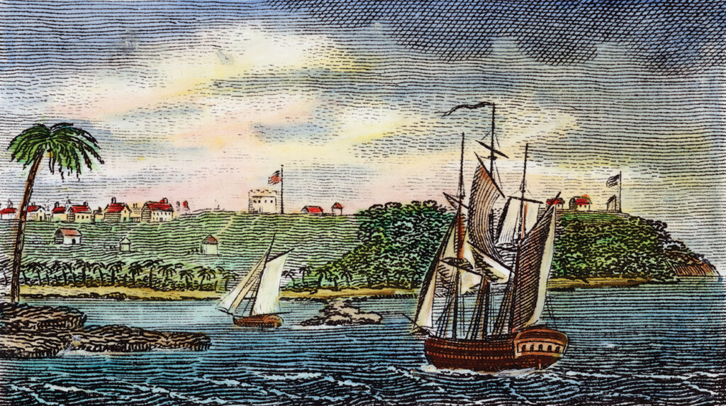 LIBERIA: FREED SLAVES 1832. Freed slaves from the United States arriving in Monrovia, Liberia under the sponsorship of the American Colonization Society. Engraving, 1832.