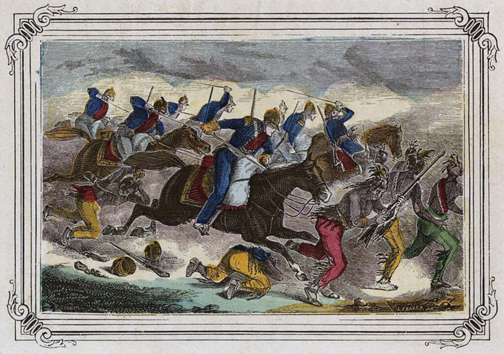 Engraving from the 1847 book, The Pictorial Life of Andrew Jackson depict scenes from the battle of Tallushatchee.
