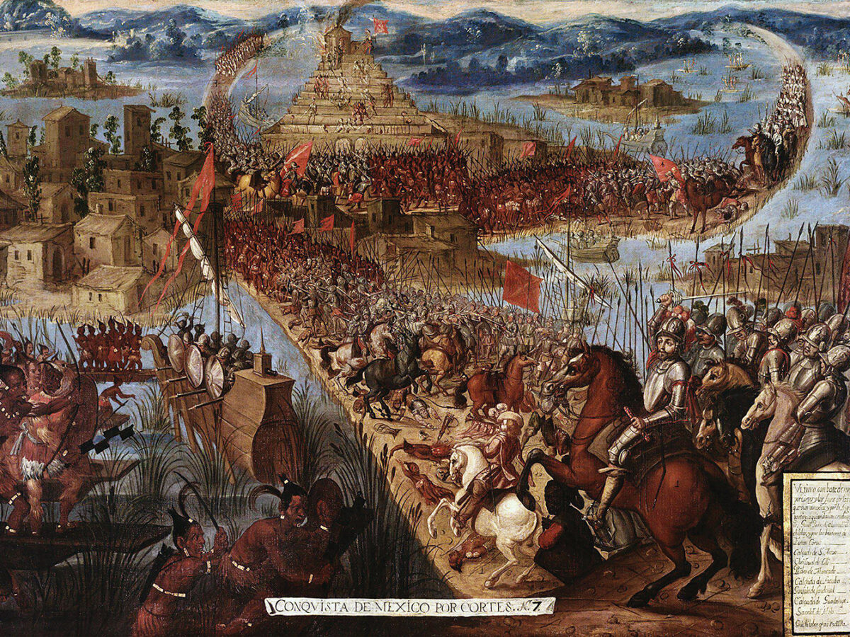 Painting of, In the summer of 1521 the culminating battles in the seesaw siege of Tenochtitlán (present-day Mexico City) pitted Cortés’ Spaniards and a host of Indian allies against the once dominant Aztecs.