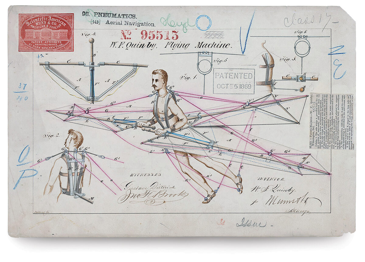 Photo of flying machine patent drawing by W.F. Quinby.