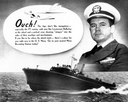 A national hero after rescuing MacArthur from Bataan, John Bulkeley toured the country recruiting for the PT boat fleet. His visit to midshipman's school inspired Kennedy to join (Naval History and Heritage Command).