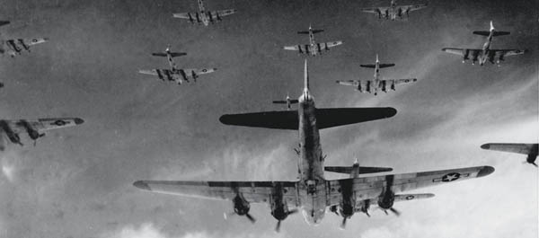 Eighth Air Force B-17Gs fly in formation toward Germany from England in early 1945. Although Blitzstein concluded his symphony with a choral exhortation to &ldquo;Bomb [the enemy] from the earth,&rdquo; he also warned that the destruction wrought by air power could create new enemies. (U.S. Air Force)
