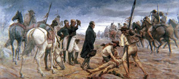 Bol&iacute;var witnesses one of his men dying from exhaustion as the army crosses the mountain pass of P&aacute;ramo de Pisba. (Francisco Antonio Cano/Courtesy Casa Museo Quinta de BolIvar, Ministerio de Cultura, Bogota)
